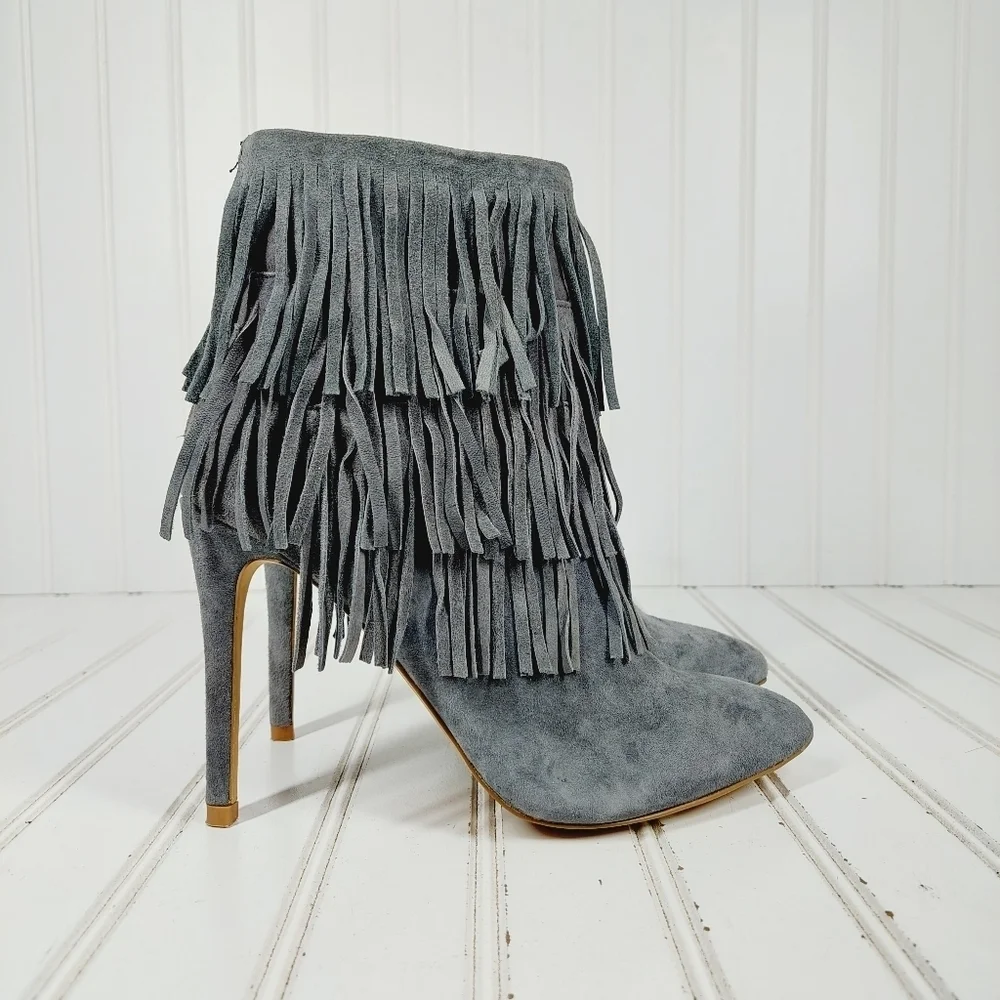 Steve Madden Flapper Gray Fringe Suede High Heeled Ankle Boots A999 - Picture 5 of 11